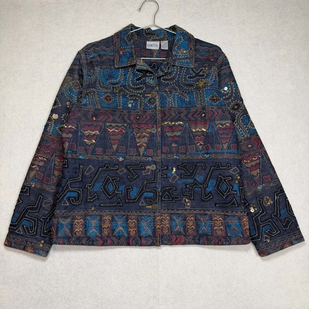 Vintage Chicos Jacket Womens 2 Embroidered Tribal Aztec Embellished Denim